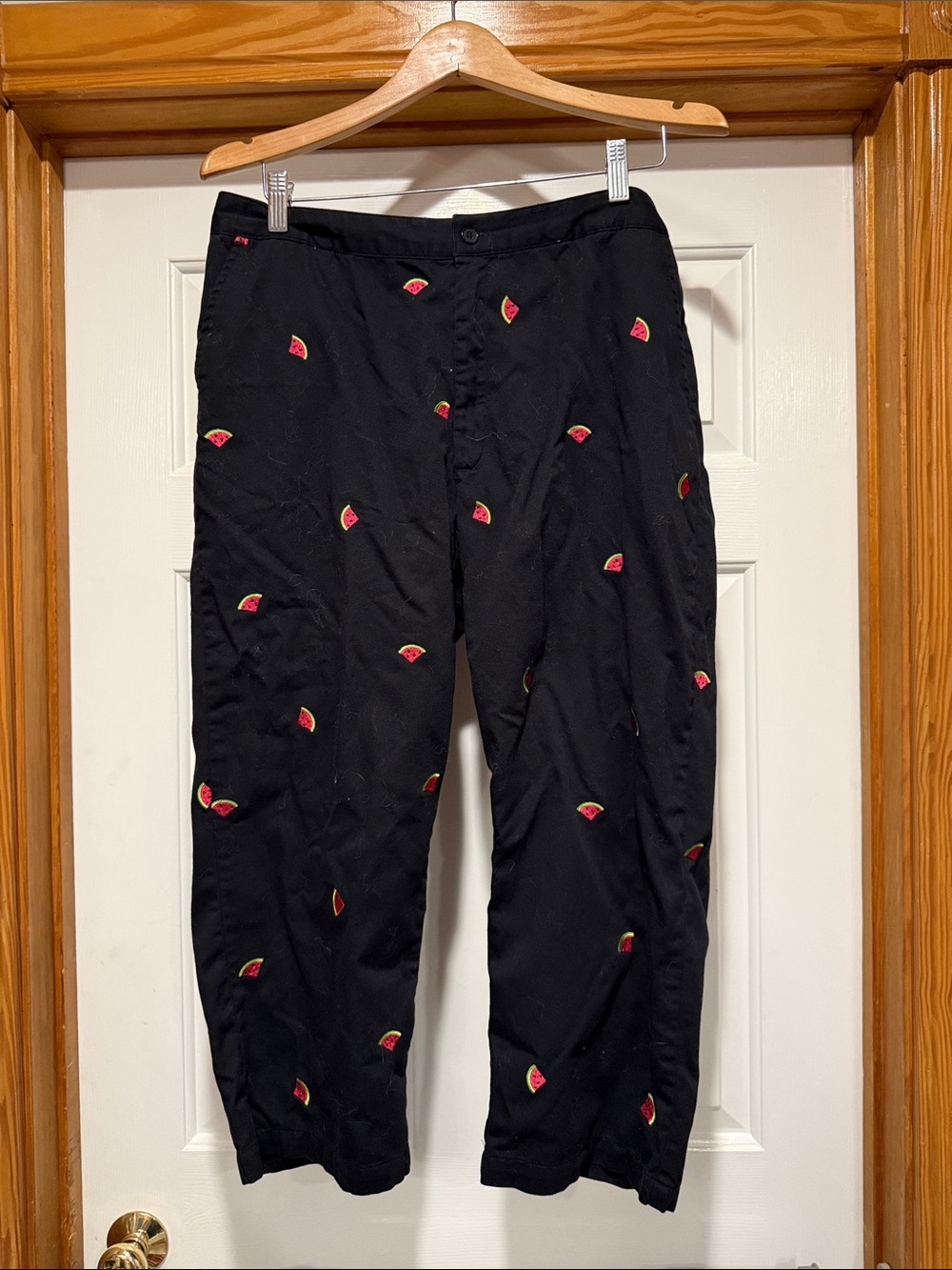 Kim Rogers Black Capris with Pink & Green Watermelon Embroidery